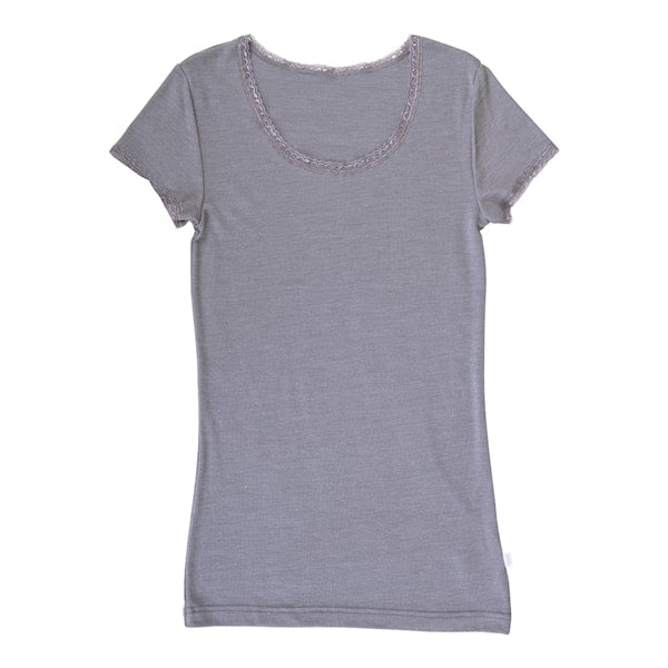 Joha - Dames shirt korte mouw - Wol/Zijde - Grijs met kantje
