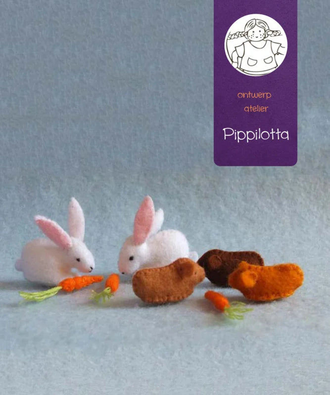 Atelier Pippilotta - Zelfmaakpakketje - Drie cavia’s en twee konijnen met worteltjes