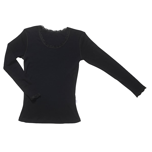 Joha - Dames shirt lange mouw - 100% Merinowol - Zwart met kantje