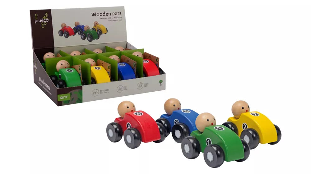 Jouéco - Houten autootjes - Div kleuren - Per stuk