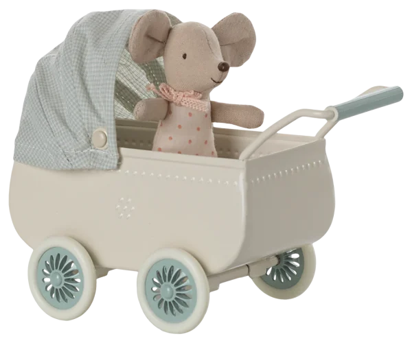 Maileg - Kinderwagen met baby - Muis - Mint