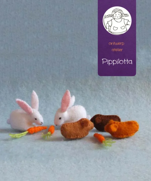 Atelier Pippilotta - Drie cavia’s en twee konijnen met worteltjes