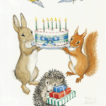 Ansichtkaart - Molly Brett - Rabbit and squirrel holding birthday cake
