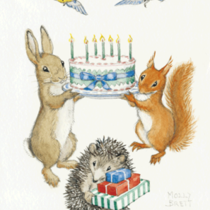 Ansichtkaart - Molly Brett - Rabbit and squirrel holding birthday cake